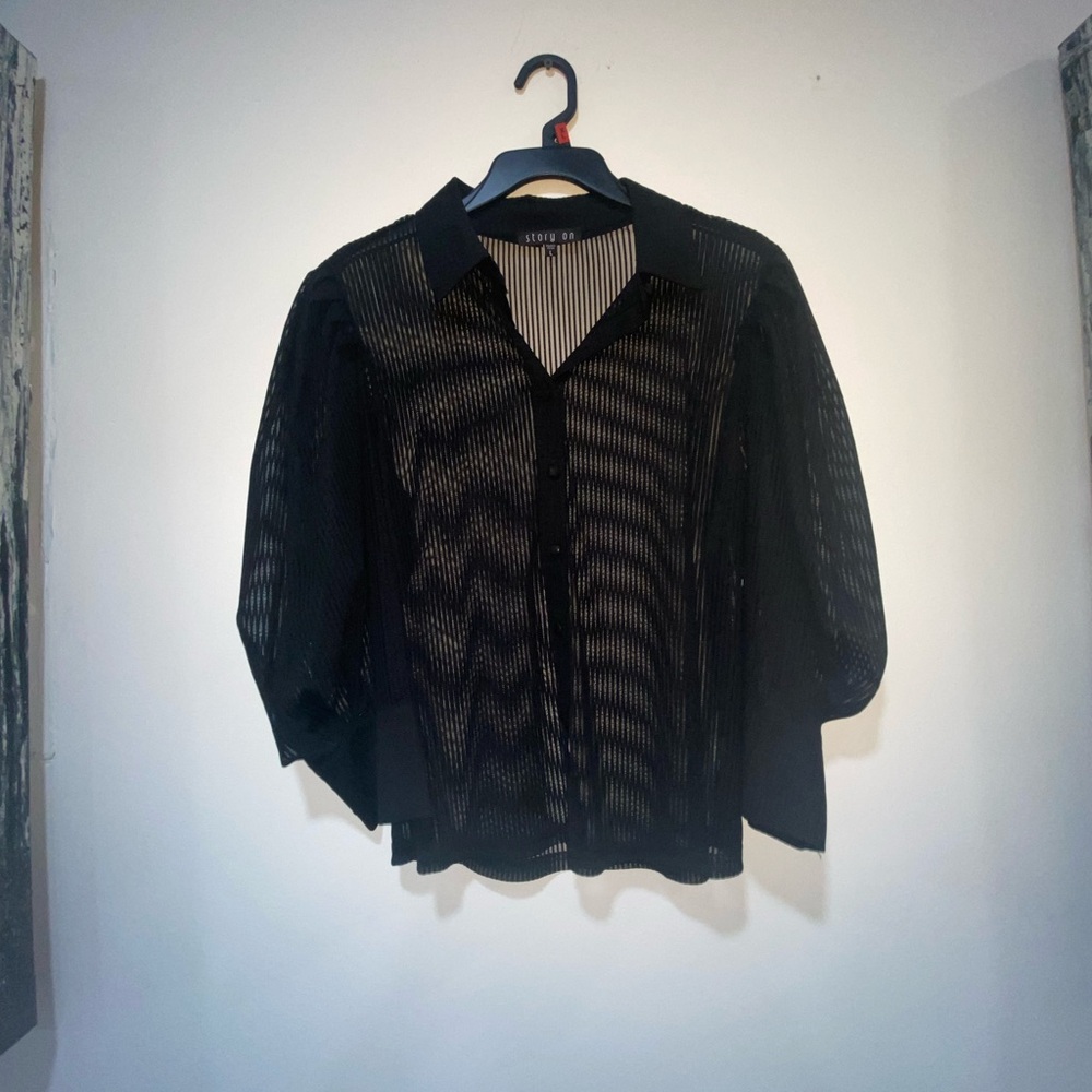 Black Boxy Blouse with Bishop Sleeves‎ and Mandarin Collar